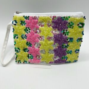 Wristlet Beaded Sequins Purse Zippered Small 5" x 7" Stars Pink Yellow NWT